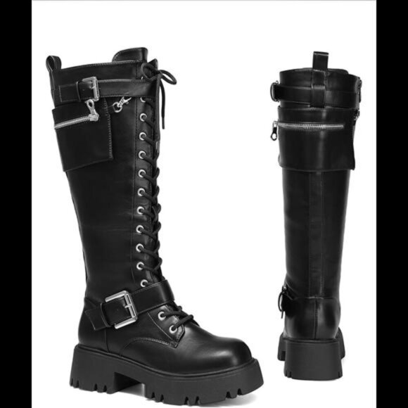 NEW Women's Combat Riding Platform Knee High Boots, Lace Up Fall Lug Sole Gothic - Picture 4 of 9